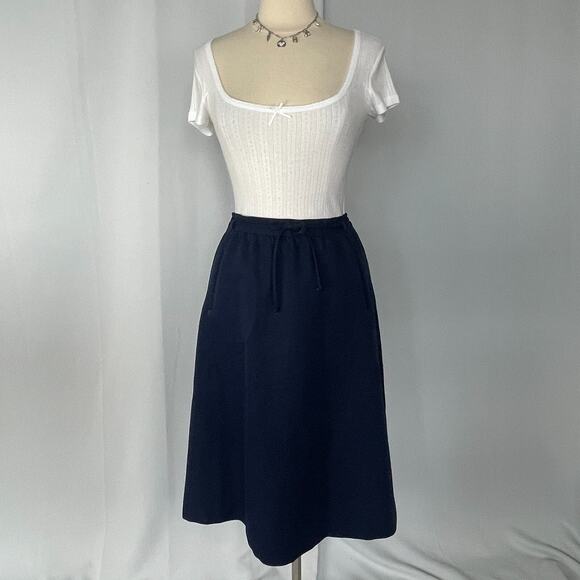 Vintage A Line Midi Skirt Size 14 Navy Blue Belted High Rise Retro Preppy 80s - Picture 2 of 15